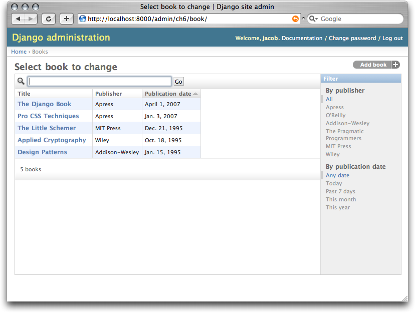 Screenshot of the modified change list page.