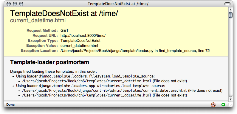 Screenshot of a TemplateDoesNotExist error.