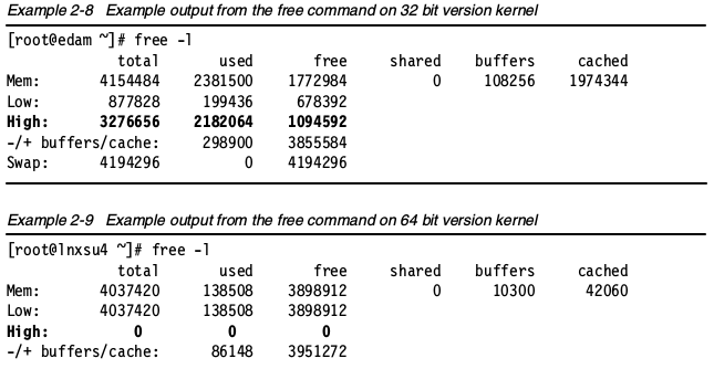32和64位内核的free命令输出样例