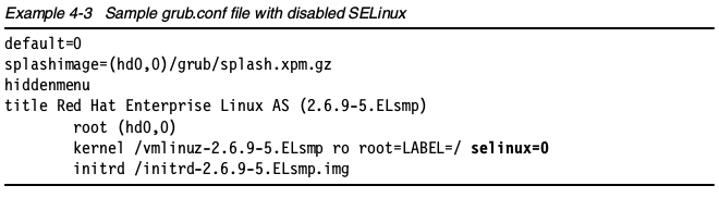 在grub.conf文件中禁用selinux的样例